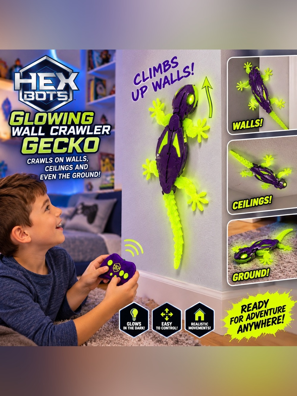 HEX BOTS Glow-in-the-Dark Wall Crawler Gecko RC Robot Toy Kids